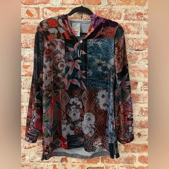 SOLD LIVE BUNDLE - Johnny Was Velvet Multicolor Floral Patchwork Velvet Tunic - Picture 1 of 5